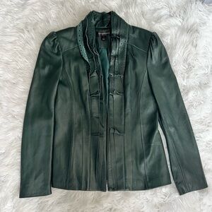 Forrest Green Buttery Leather Jacket Lasercut Ruffle Puff Sleeve Size Large